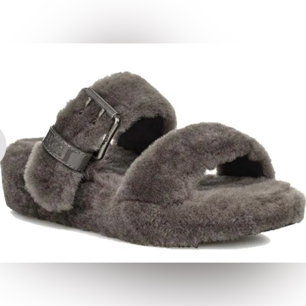 UGG Fuzz Yeah Womens Gray Sheepskin Platform Slides Slippers 1104662 Size 7